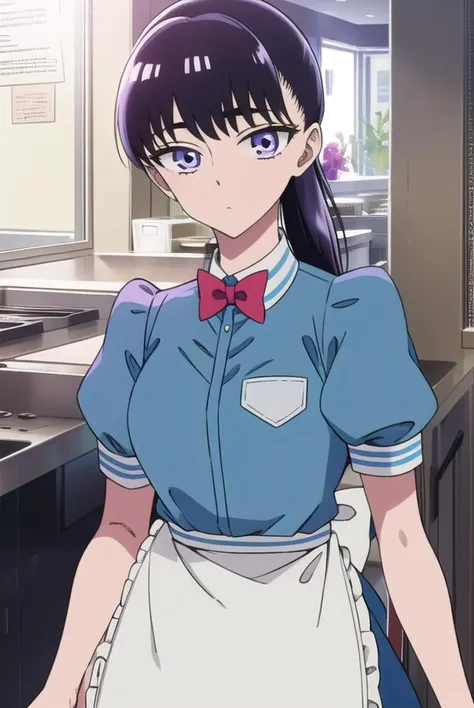 akiratachibana, <lyco:akiratachibana-lyco-nochekaiser:1>,
akira tachibana, long hair, bangs, black hair, (purple eyes:1.1),
BREAK skirt, shirt, bow, ponytail, short sleeves, puffy sleeves, bowtie, uniform, apron, red bow, blue shirt, waist apron, waitress, employee uniform,
BREAK looking at viewer,
BREAK indoors,
BREAK <lora:GoodHands-vanilla:1>, (masterpiece:1.2), best quality, high resolution, unity 8k wallpaper, (illustration:0.8), (beautiful detailed eyes:1.6), extremely detailed face, perfect lighting, extremely detailed CG, (perfect hands, perfect anatomy),