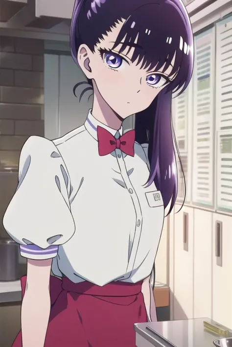akiratachibana, <lyco:akiratachibana-lyco-nochekaiser:1>,
akira tachibana, long hair, bangs, black hair, (purple eyes:1.1),
BREAK skirt, shirt, bow, ponytail, short sleeves, puffy sleeves, bowtie, uniform, apron, red bow, blue shirt, waist apron, waitress, employee uniform,
BREAK looking at viewer,
BREAK indoors,
BREAK <lora:GoodHands-vanilla:1>, (masterpiece:1.2), best quality, high resolution, unity 8k wallpaper, (illustration:0.8), (beautiful detailed eyes:1.6), extremely detailed face, perfect lighting, extremely detailed CG, (perfect hands, perfect anatomy),
