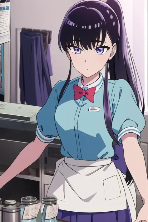 akiratachibana, <lyco:akiratachibana-lyco-nochekaiser:1>,
akira tachibana, long hair, bangs, black hair, (purple eyes:1.1),
BREAK skirt, shirt, bow, ponytail, short sleeves, puffy sleeves, bowtie, uniform, apron, red bow, blue shirt, waist apron, waitress, employee uniform,
BREAK looking at viewer,
BREAK indoors,
BREAK <lora:GoodHands-vanilla:1>, (masterpiece:1.2), best quality, high resolution, unity 8k wallpaper, (illustration:0.8), (beautiful detailed eyes:1.6), extremely detailed face, perfect lighting, extremely detailed CG, (perfect hands, perfect anatomy),