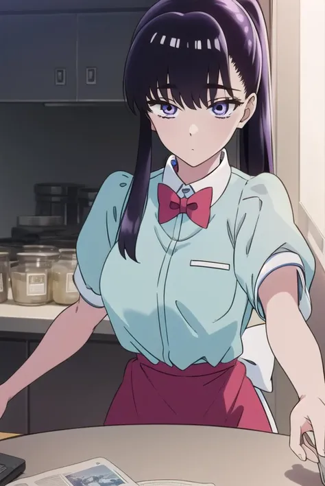 akiratachibana, <lyco:akiratachibana-lyco-nochekaiser:1>,
akira tachibana, long hair, bangs, black hair, (purple eyes:1.1),
BREAK skirt, shirt, bow, ponytail, short sleeves, puffy sleeves, bowtie, uniform, apron, red bow, blue shirt, waist apron, waitress, employee uniform,
BREAK looking at viewer,
BREAK indoors,
BREAK <lora:GoodHands-vanilla:1>, (masterpiece:1.2), best quality, high resolution, unity 8k wallpaper, (illustration:0.8), (beautiful detailed eyes:1.6), extremely detailed face, perfect lighting, extremely detailed CG, (perfect hands, perfect anatomy),