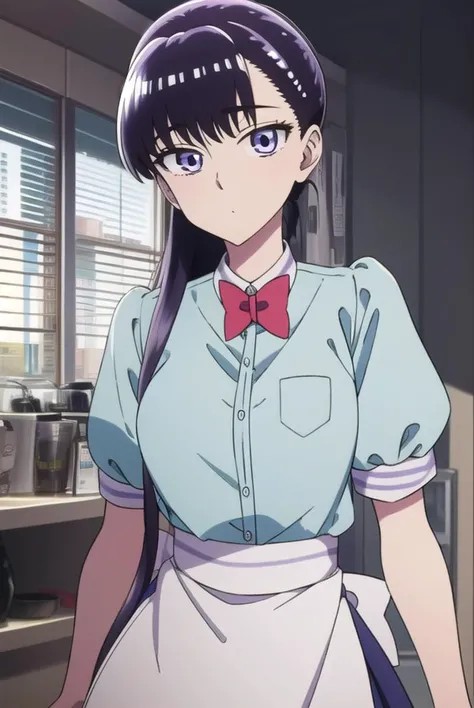akiratachibana, <lyco:akiratachibana-lyco-nochekaiser:1>,
akira tachibana, long hair, bangs, black hair, (purple eyes:1.1),
BREAK skirt, shirt, bow, ponytail, short sleeves, puffy sleeves, bowtie, uniform, apron, red bow, blue shirt, waist apron, waitress, employee uniform,
BREAK looking at viewer,
BREAK indoors,
BREAK <lora:GoodHands-vanilla:1>, (masterpiece:1.2), best quality, high resolution, unity 8k wallpaper, (illustration:0.8), (beautiful detailed eyes:1.6), extremely detailed face, perfect lighting, extremely detailed CG, (perfect hands, perfect anatomy),