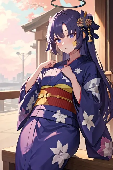 best quality, masterpiece, highres, solo, {yukata:1.40}, {kimono:1.20}, {yuuka_bluearchive:1.15}, long_hair, halo, bangs, purple_hair, blush, blue_eyes, purple_eyes, breasts, two_side_up