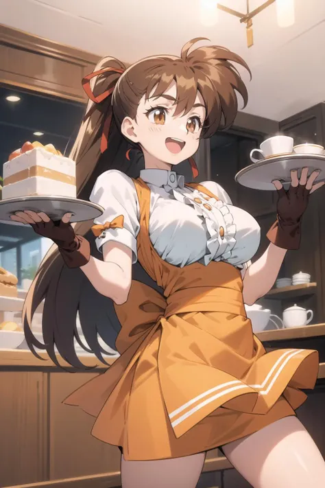 takeuyuka, hair bow, frilled shirt, underbust, ribbon, fingerless gloves, white gloves, waist apron, orange skirt <lora:YukaTakeuchi_V2-E09_(VariableGeo):0.7> cafe, tray, excited