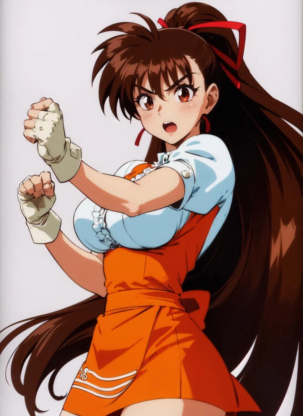 takeuyuka, 1girl, solo, hair bow, frilled shirt, underbust, ribbon, fingerless gloves, (white gloves), orange apron, orange skirt, open mouth, fighting stance, 1990s \(style\), abstract background, <lora:takeuyuka_V2-09:0.7>