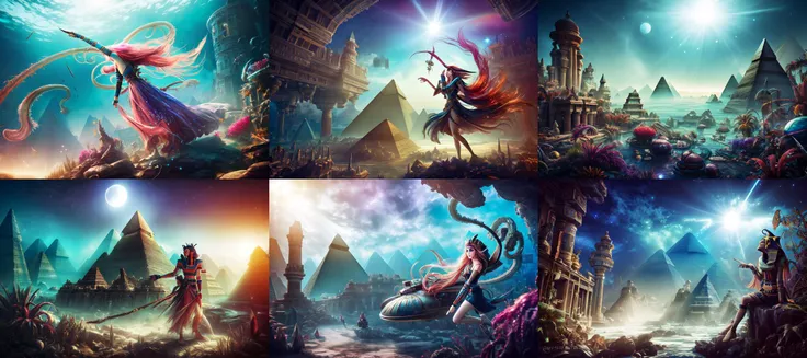 (otherworldly, otherworldly atmosphere, otherworldly appearance), highly insanely detailed, masterpiece, top quality, best quality, highres, 4k, 8k, RAW photo, ((ancient egyptian theme:1.2)), 
(mystical theme), mystical gatmosphere, arcane sanctuaries, otherwordly aura, 
(long_hair, long hair, random colors hair, glowing hair, hair over one eye, long messy hair), 
(eyelashes, eyeliner, eyeshadow, eyelashes, long eyelashes), 
collar, earrings, jewelry, necklace, armlet, 
tentacle, (underwater), nsfw, 
Homestay, Resort, Guest House, 
building, structure, still life, swirling energy, 
action pose, 
drunk, closed eyes, 
abandoned building, shopping mall, overgrown with vegetation, [volumetric fog], cinematic lighting, colorful, 
<lora:The_Threads_v2:0.8>, thread_space, a spaceship flying through the thread_space, (fantasy world)