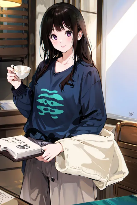(masterpiece:1.2), best quality,PIXIV,Eru and Houtarou,
1girl, 1boy, chitanda eru, oreki houtarou, long hair, cup, sweater, artist logo, book, bangs, holding, black hair, purple eyes, table, hand in pocket, long sleeves, green eyes, short hair, smile, looking at viewer, open book, collarbone, indoors, green sweater, alternate costume, pants, holding cup, holding book, brown hair, teacup, hand up
 <lora:Eru and Houtarou:1>