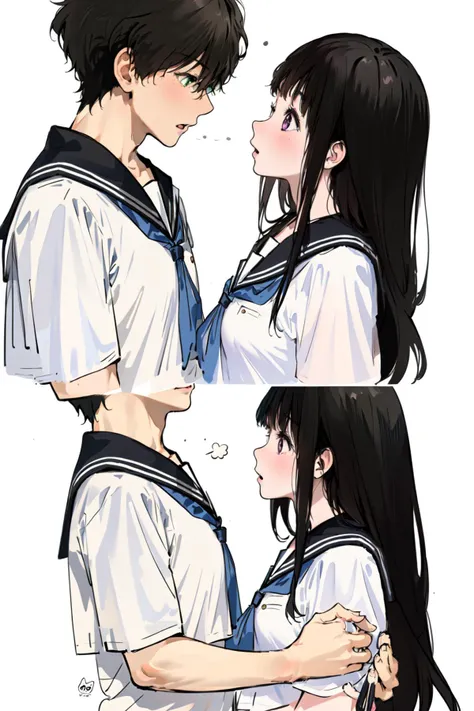 (masterpiece:1.2), best quality,PIXIV,Eru and Houtarou,
1girl, artist logo, chitanda eru, oreki houtarou, long hair, 1boy, shirt, blush, school uniform, skirt, simple background, hetero, green eyes, white background, looking at another, purple eyes, bangs, black hair, short sleeves, eye contact, kamiyama high school uniform (hyouka), white shirt, collared shirt, serafuku, short hair, sailor collar, brown hair, imminent kiss, black sailor collar, couple, black skirt, open mouth, pleated skirt, from side, face-to-face, dress shirt
<lora:Eru and Houtarou:1>