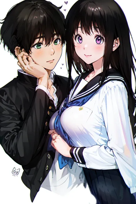 masterpiece, best quality,1girl,heart <lora:zxq-f:1>,zxq, 1girl, 1boy, school uniform, kamiyama high school uniform (hyouka), gakuran, simple background,
