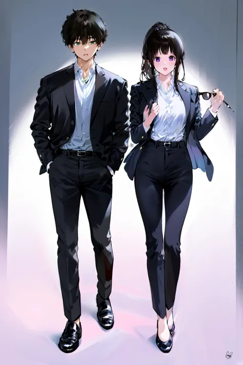 (masterpiece:1.2), best quality,PIXIV,Eru and Houtarou,
chitanda eru, oreki houtarou, 1girl, shirt, artist logo, pants, 1boy, jacket, white shirt, holding, bangs, purple eyes, long hair, black pants, green eyes, black footwear, collared shirt, black hair, full body, black jacket, sunglasses, shirt tucked in, short hair, open clothes, ponytail, holding eyewear, open jacket, formal, grey background, breasts, long sleeves, dress shirt, alternate costume, brown hair, gradient, eyewear removed, standing, suit, gradient background, simple background, belt, open mouth, shoes, white background, medium breasts, looking at viewer
<lora:Eru and Houtarou:1>