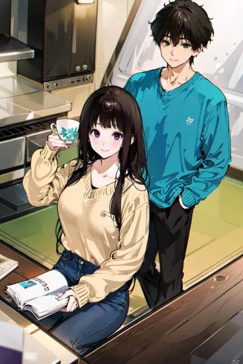 (masterpiece:1.2), best quality,PIXIV,Eru and Houtarou,
1girl, 1boy, chitanda eru, oreki houtarou, long hair, cup, sweater, artist logo, book, bangs, holding, black hair, purple eyes, table, hand in pocket, long sleeves, green eyes, short hair, smile, looking at viewer, open book, collarbone, indoors, green sweater, alternate costume, pants, holding cup, holding book, brown hair, teacup, hand up
 <lora:Eru and Houtarou:1>