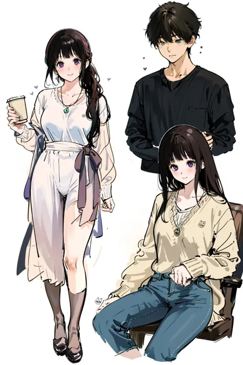 (masterpiece:1.2), best quality,PIXIV,Eru and Houtarou,
1girl, chitanda eru, 1boy, oreki houtarou, long hair, artist logo, dress, green eyes, purple eyes, black hair, bangs, sitting, cup, simple background, white background, sweater, watch, black pants, pants, holding, long sleeves, short hair, wristwatch, brown sweater, white dress, alternate costume, breasts, smile, invisible chair, holding cup, necklace, brown hair, cropped legs, blush, white footwear, jewelry, collarbone, disposable cup, closed mouth
<lora:Eru and Houtarou:1>