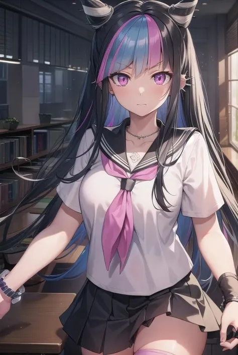 ibukimioda, ibuki mioda, black hair, blue hair, hair horns, ear piercing, lip piercing, long hair, multicolored hair, (pink eyes:1.5), pink hair, white hair,
BREAK asymmetrical legwear, black skirt, blue thighhighs, jewelry, mismatched legwear, neckerchief, necklace, piercing, pleated skirt, ring, school uniform, serafuku, shirt, skirt, thighhighs, torn clothes, torn thighhighs, zettai ryouiki,
BREAK looking at viewer,
BREAK indoors, classroom,
BREAK (masterpiece:1.2), best quality, high resolution, unity 8k wallpaper, (illustration:0.8), (beautiful detailed eyes:1.6), extremely detailed face, perfect lighting, extremely detailed CG, (perfect hands, perfect anatomy),