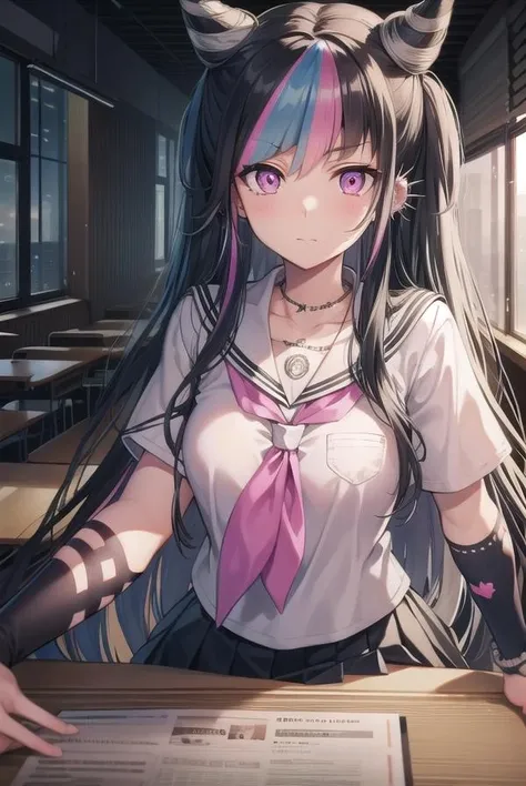 ibukimioda, <lora:ibukimioda-lora-nochekaiser:1>,
ibuki mioda, black hair, blue hair, hair horns, ear piercing, lip piercing, long hair, multicolored hair, (pink eyes:1.5), pink hair, white hair,
BREAK asymmetrical legwear, black skirt, blue thighhighs, jewelry, mismatched legwear, neckerchief, necklace, piercing, pleated skirt, ring, school uniform, serafuku, shirt, skirt, thighhighs, torn clothes, torn thighhighs, zettai ryouiki,
BREAK looking at viewer,
BREAK indoors, classroom,
BREAK <lyco:GoodHands-beta2:1>, (masterpiece:1.2), best quality, high resolution, unity 8k wallpaper, (illustration:0.8), (beautiful detailed eyes:1.6), extremely detailed face, perfect lighting, extremely detailed CG, (perfect hands, perfect anatomy),
