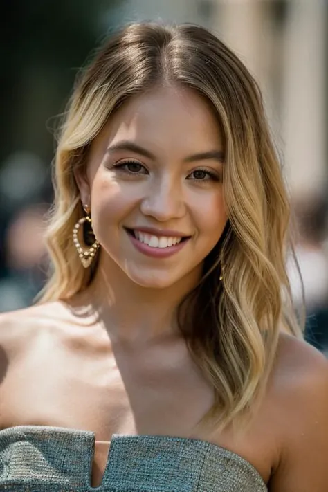 Realistic photo of a beautiful sydn3ys-v1 woman, 1girl, solo, long hair, looking at viewer, smile, simple background, (((blonde hair))), jewelry, earrings, teeth, grin, lips, gem, portrait, realistic, soft lighting, professional Photography, Photorealistic, detailed, RAW, analog, sharp focus, 8k, HD, DSLR, high quality, Fujifilm XT3, film grain, award winning, masterpiece<lora:sydn3ys-v1:1.0>