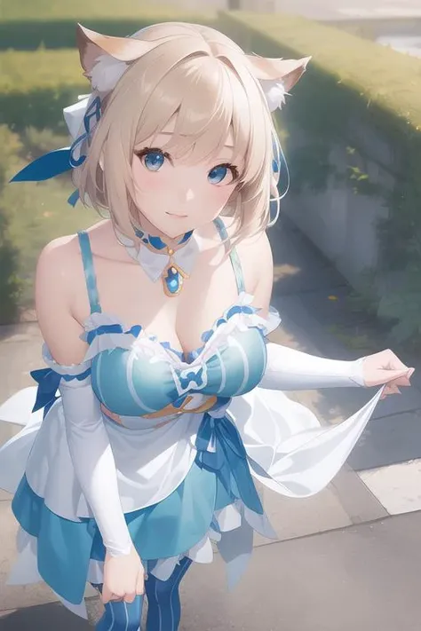 ((extremely detailed CG unity 8k wallpaper)), (masterpiece:1.4), (best quality:1.4), (best quality), (ultra-detailed), (best illustration), (best shadow), (photorealistic:1.4),full body, real human skin, ultra-high res, 8K, CG, (extremely delicate and beautiful:1.2), ((looking at viewer)), 1girl, solo, cute, blurry background, felix_arg, a woman in a blue and white dress, white dettached sleeves with white stripe, blue ribbon chocker, blue ribbon bow on right arm, blue ribbon chocker, blue pantyhose with white stripe, blue high heels, big white bow on back, standing, <lora:FelixArgV1.3:1>