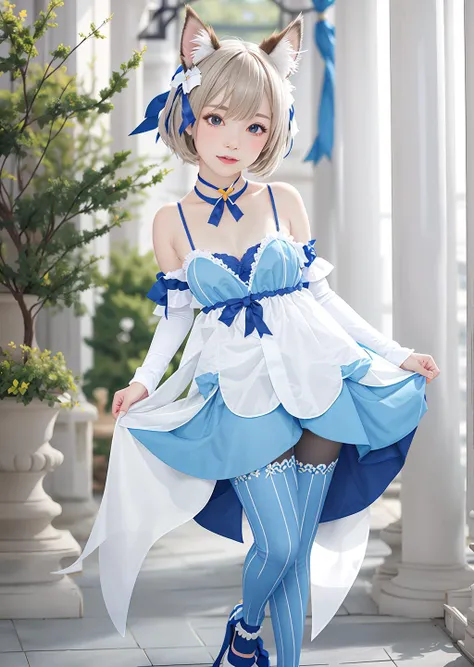 masterpiece, best quality, beautiful lighting,(realistic, photo-realistic:1.2),(Depth of field:1.3),
(flat chest:1.5), 1girl, solo, cute, blurry background, felix_arg, a woman in a blue and white dress, white dettached sleeves with white stripe, blue ribbon chocker, blue ribbon bow on right arm, blue ribbon chocker, blue pantyhose with white stripe, blue high heels, big white bow on back, cowboy shot,
<lora:FelixArgV1:0.9> <lora:cuteGirlMix4_v10:0.1>