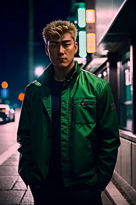 RAW 4k photo of a man, moody detective in the street, green rim light, (ominous lighting), midnight, downtown, bokeh <lora:ONIZUKA:0.8> ONIZUKA, high quality, Fujifilm XT3, moody light, atmospheric lighting 8k uhd, dslr, photo