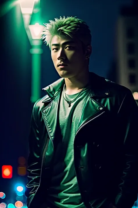 RAW 4k photo of a man, moody detective in the street, green rim light, (ominous lighting), midnight, downtown, bokeh <lora:ONIZUKA:0.8> ONIZUKA, high quality, Fujifilm XT3, moody light, atmospheric lighting 8k uhd, dslr, photo