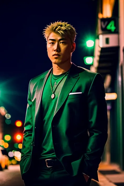 RAW 4k photo of a man, moody detective in the street, green rim light, (ominous lighting), midnight, downtown, bokeh <lora:ONIZUKA:0.8> ONIZUKA, high quality, Fujifilm XT3, moody light, atmospheric lighting 8k uhd, dslr, photo