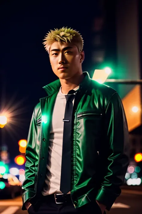 RAW 4k photo of a man, moody detective in the street, green rim light, (ominous lighting), midnight, downtown, bokeh <lora:ONIZUKA:0.8> ONIZUKA, high quality, Fujifilm XT3, moody light, atmospheric lighting 8k uhd, dslr, photo