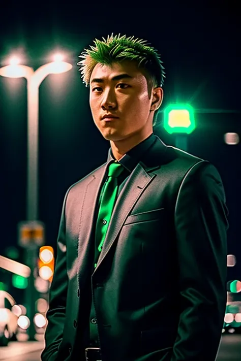 RAW 4k photo of a man, moody detective in the street, green rim light, (ominous lighting), midnight, downtown, bokeh <lora:ONIZUKA:0.8> ONIZUKA, high quality, Fujifilm XT3, moody light, atmospheric lighting 8k uhd, dslr, photo