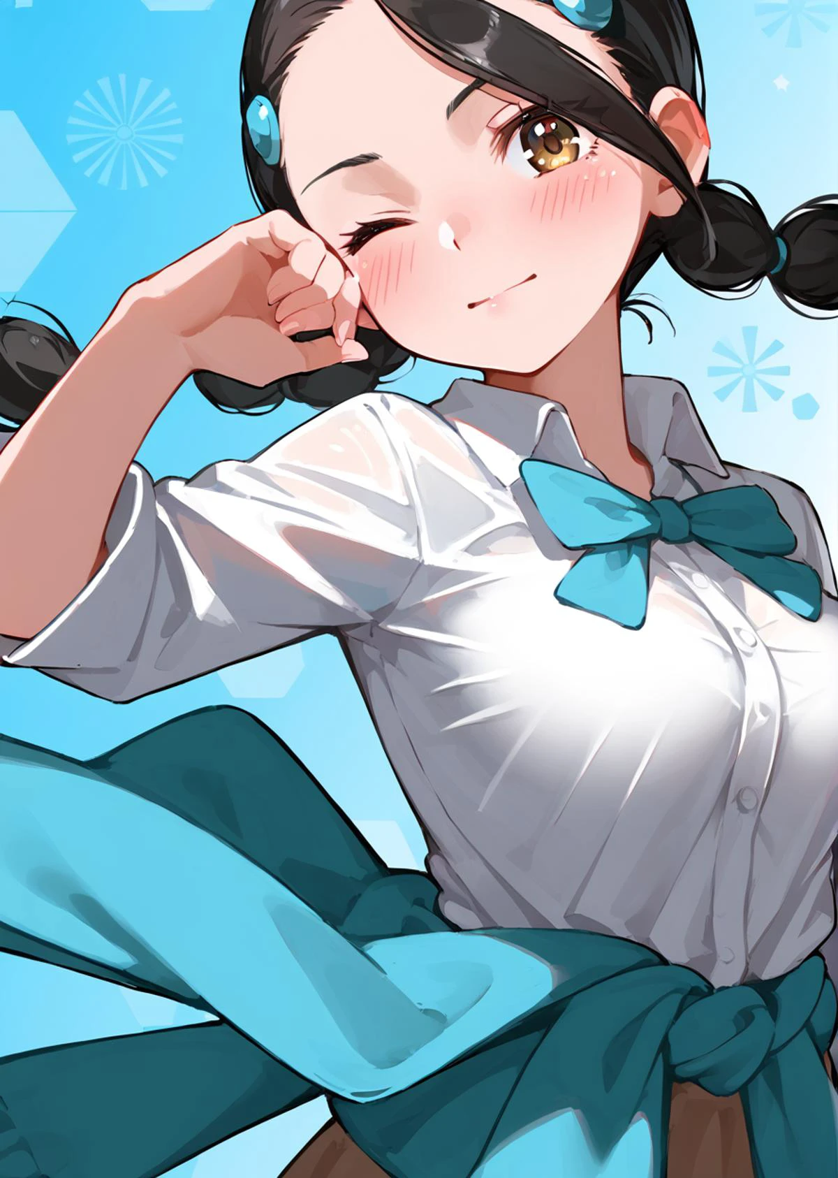 score 9, score 8 up, score 7 up, rating questionable,
detailed background,
<lora:candice.pony:1>,
candice,
, shiny skin,
blush, one eye closed,