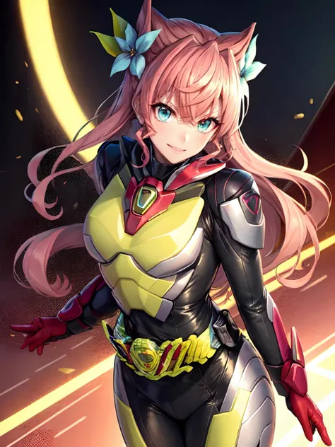 (extremely detailed CG), (best quality), perfect face, shiny skin, lustrous skin,wide hips,narrow waist <lora:ZeroTwo-10:0.8> kamen rider zero-two, ZeroTwo, rider belt, green armor, bodysuit, green armor,gloves, black bodysuit, red gloves <lora:MariaEve-10:0.7> MariaEve,hair flower,very long hair, butterfly hair ornament,blue eyes, (strong pink hair:1), standing, smile, indoors,