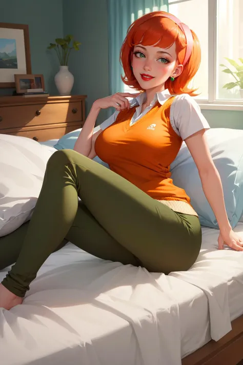 (masterpiece, best quality:1.2), <lora:linda_flynn-fletcher:.9>, linda_flynn-fletcher, 1girl, jewelry, earrings, solo, lipstick, hairband, makeup, breasts, large breasts, orange hair, short hair, crossed legs, pants, smile, sweater vest, green pants, smile, lying, looking at viewer, on side, pillow, indoors, bed sheet, on bed, indoors