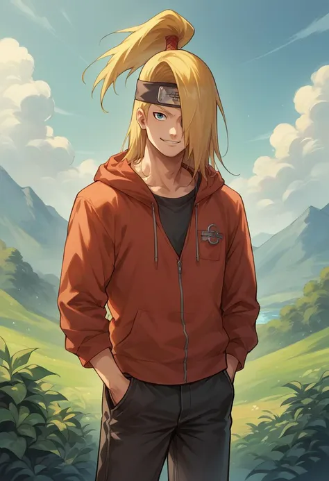 score_9, score_8_up, score_7_up, source_anime, 1boy, solo, Deidara, hair over one eye, long hair, ponytail, black headband, forehead protector, hoodie, pants, outdoors, smile, <lora:ChamDeidaraPonyXL-000008:1>