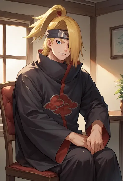 score_9, score_8_up, score_7_up, source_anime, 1boy, solo, Deidara, hair over one eye, long hair, ponytail, black headband, forehead protector, akatsuki uniform, black cloak, cloud print, sitting, indoors, on chair, smile, <lora:ChamDeidaraPonyXL-000008:1>