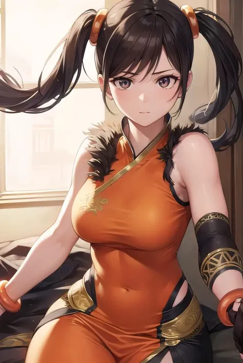 ((tmasterpiece))，(Best quality at best)，(A half body)，looks away，(ultra intricately detailed)，(Highest definition)，(8K)，(Clean lines)，(Perfect facial features，Perfect flesh)，Martial artist，1 mother，Warriors，Chinese Kung Fu，Master of martial arts，Race posture，Grim expression，Martial artist，Bigboobs，chest bandages，Tightness in the chest，perspire，exposed navels，Abs，Meditate cross-legged，(plumw)，Black single ponytail，The background is a waterfall