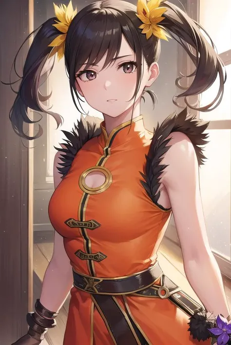 lingxiaoyu, <lyco:lingxiaoyu-lyco-nochekaiser:1>,
ling xiaoyu, black hair, (brown eyes:1.5), swept bangs, twintails,
BREAK black gloves, bracelet, chinese clothes, feather trim, fingerless gloves, gloves, mary janes, orange footwear, shoes, single glove, sleeveless, dress, orange dress,
BREAK looking at viewer,
BREAK indoors,
BREAK <lyco:GoodHands-beta2:1>, (masterpiece:1.2), best quality, high resolution, unity 8k wallpaper, (illustration:0.8), (beautiful detailed eyes:1.6), extremely detailed face, perfect lighting, extremely detailed CG, (perfect hands, perfect anatomy),