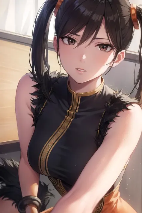 lingxiaoyu, <lyco:lingxiaoyu-lyco-nochekaiser:1>,
ling xiaoyu, (black hair:1.5), (brown eyes:1.7), swept bangs, twintails,
BREAK black gloves, bracelet, chinese clothes, feather trim, fingerless gloves, gloves, mary janes, orange footwear, shoes, single glove, sleeveless, dress, orange dress,
BREAK looking at viewer,
BREAK indoors,
BREAK <lyco:GoodHands-beta2:1>, (masterpiece:1.2), best quality, high resolution, unity 8k wallpaper, (illustration:0.8), (beautiful detailed eyes:1.6), extremely detailed face, perfect lighting, extremely detailed CG, (perfect hands, perfect anatomy),