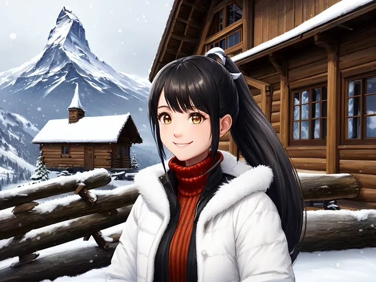 (masterpiece,newest,exceptional:1.2), realistic, a girl wearing a white feather jacket, ponytail, looking at viewer, official art, black hair, beautiful symmetric face, beautiful 8k eyes, golden eyes, black pupil, smiling, standing in front of a log house on a snowing day, the peak of Matterhorn in the background, alone, solo, 8k