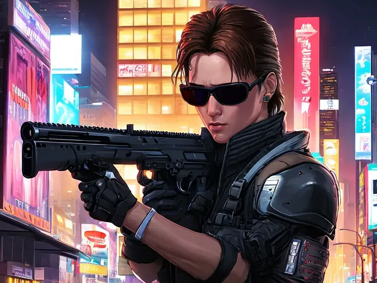 masterpiece, best quality, realistic, the terminator wearing a sunglasses, holding a shotgun at a cyberpunk night city, BREAK vector art, pop art, 2D, deformation