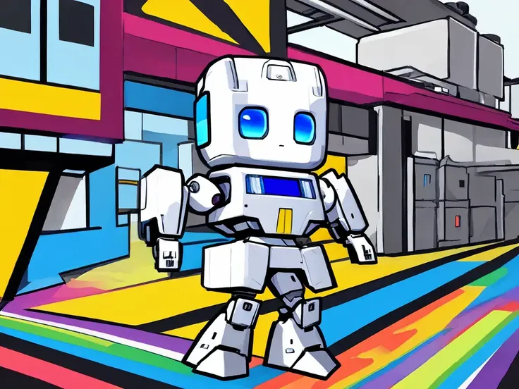 (masterpiece,newest,exceptional:1.2), best quality, a futuristic white chibi robot BREAK with blue eyes working at a factory, BREAK vector art, pop art, 2D, deformation