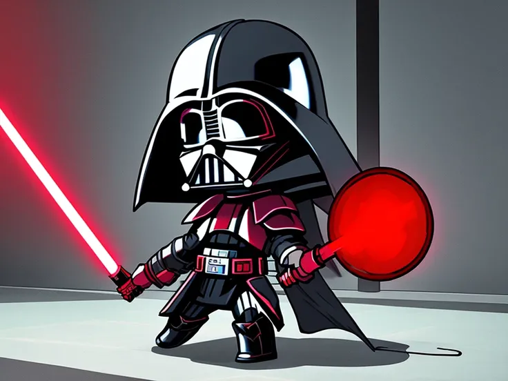 (masterpiece, newest, best quality:1.2), anime, cartoon, chibi Darth Vader in a battle station, holding a red light saber, BREAK vector art, pop art, 2D, deformation