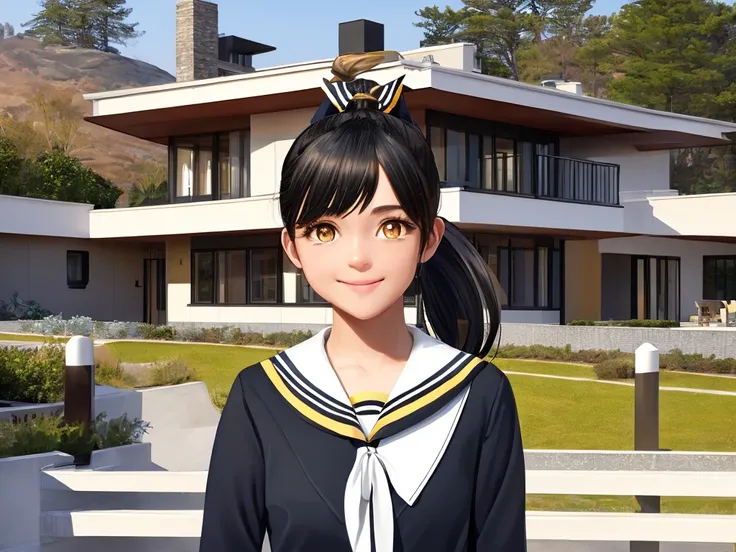 (masterpiece,newest,exceptional:1.2), realistic, a girl wearing a sailor uniform, ponytail, looking at viewer, official art, black hair, beautiful symmetric face, beautiful 8k eyes, golden eyes, black pupil, smiling, standing in front of a modernist American home designed by Frank Lloyd Wright, gradient horizon, alone, solo, 8k