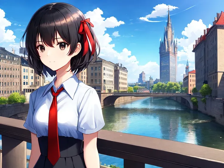 (masterpiece,newest,exceptional:1.2), anime,1girl,bangs,black_hair, beautiful 8k eyes,blue_sky,bridge,building,castle,city,cityscape,cloud,day,dress,looking_at_viewer,outdoors,red_neckwear,red_ribbon,ribbon,river,short_hair,short_sleeves,sky,skyscraper,solo,standing,town,water