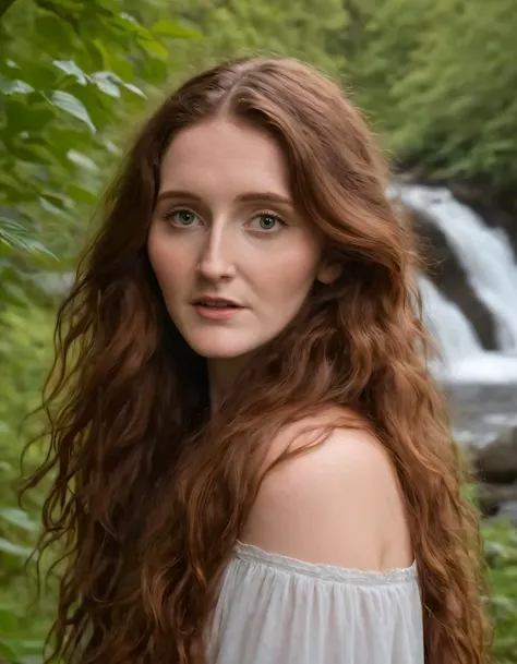 Capturing the mesmerizing Emily FitzGerald, her long brown locks cascading over her shoulders as she gazes intensely into the camera, her eyes a warm embrace, her lips softly parted revealing the slightest hint of a smile; all this, unfolding in a picturesque location amidst the serenity of nature. <lora:luxsox18e87915fa1w642:1>