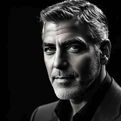 cinematic photo a close up black and white photo of george clooney, in the style of mario testino, contrasting lights and darks, paolo veronese, glamorous hollywood portraits, marc chagall, animated film pioneer, pentax 645n,deepdarkstudio,dark black background with a white gradient around the man,((high contrast:2)) <lora:Deep_Dark_Studio_XL-000003:0.5 . 35mm photograph, film, bokeh, professional, 4k, highly detailed