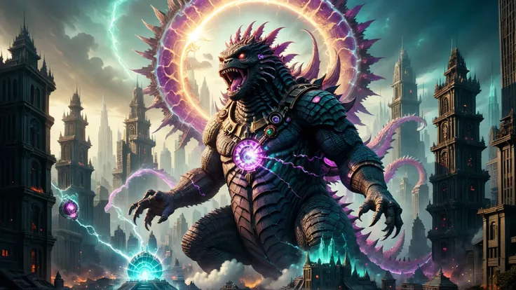 wide shot of godzilla rampaging in mythos fantasy cityscape, swirling vortex of iridescent light, magic, luminescent power, quartz, amethyst, opal, mixed colors, jade, magical wraith, Godzilla spewing raw energy from its mouth, time long forgotten, mystical, unique forms of crystal shapes, (masterpiece:1.2), (epic composition:1.4), (talent:1.2), ultra detailed, cinematic lighting, highly detailed, insanely detailed, (photorealistic:1.2), hdr, 8k, exquisite, sharp, elegant, ambient lighting, fantasy vivid colors, high quality, <lora:add-detail-xl:2.5> ,<lora:takma2:0.6> <lora:MechanicusStyleAIp:1> MechanicusStyleAI