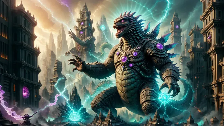 wide shot of godzilla rampaging in mythos fantasy cityscape, swirling vortex of iridescent light, magic, luminescent power, quartz, amethyst, opal, mixed colors, jade, magical wraith, Godzilla spewing raw energy from its mouth, time long forgotten, mystical, unique forms of crystal shapes, (masterpiece:1.2), (epic composition:1.4), (talent:1.2), ultra detailed, cinematic lighting, highly detailed, insanely detailed, (photorealistic:1.2), hdr, 8k, exquisite, sharp, elegant, ambient lighting, fantasy vivid colors, high quality, <lora:add-detail-xl:2.5> ,<lora:takma2:0.6> <lora:MechanicusStyleAIp:1> MechanicusStyleAI