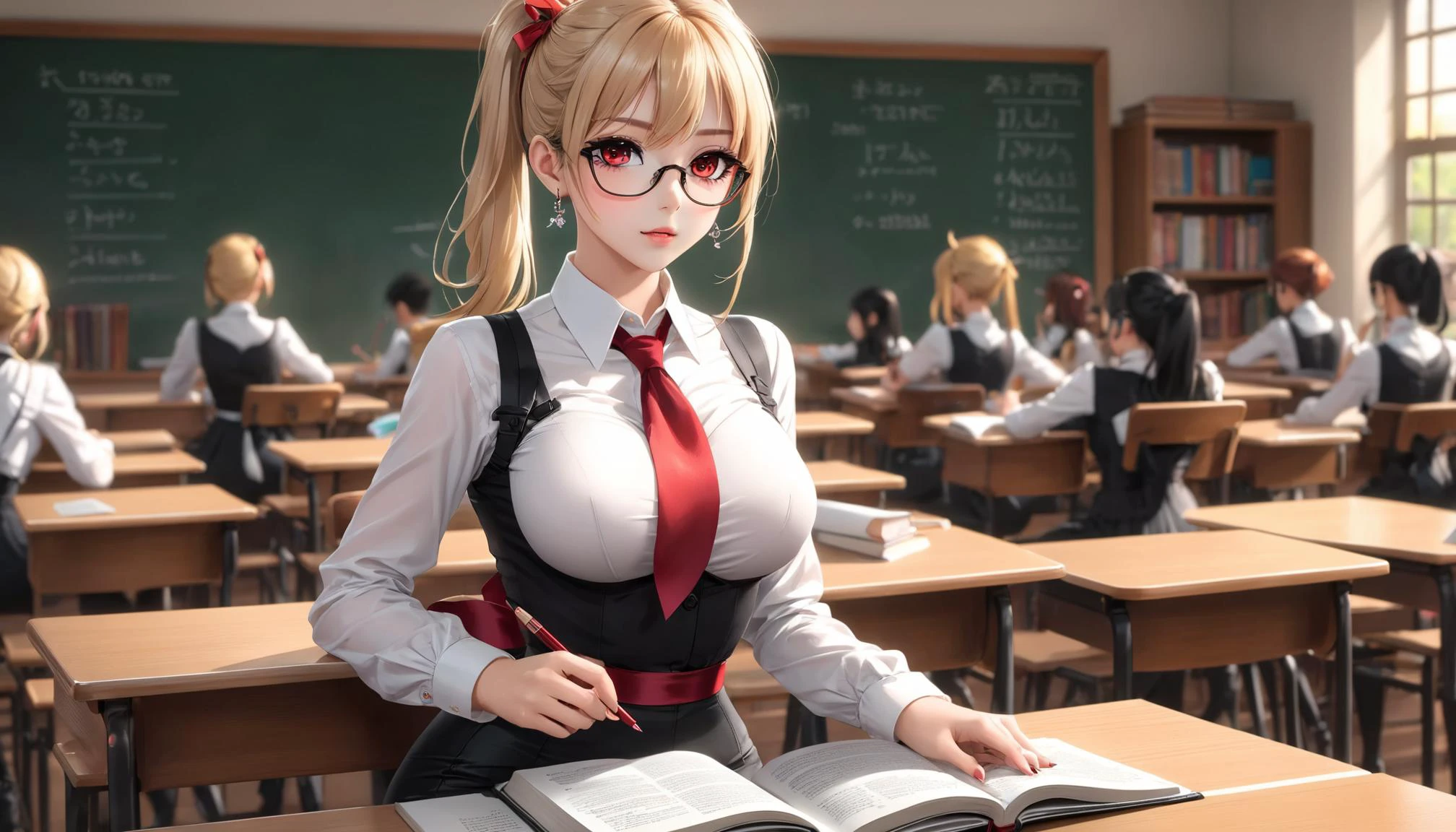 <lora:MechanicusStyleAIp:0.5>, MechanicusStyleAI, raw photo, backview, blonde teacher with cute makeup, age 40, face detailing, (holding textbook and with a pointer: 1.4) , black tight superminiskirt 30 cm long from the waist with slit on the back, in high-heeled shoes, in the crowded classroom, white tight - fitting blouse , stylish glasses, , (Thigh high socks :1.3), ponytail, red eyes, red ribbon, skin tight , (side breasts) , shoulder, collarbone, students, desks ,chairs, long earrings, textbooks, blackboard, classroom, graphic eyeliner, rouge, (choker:0.9), realistic skin texture,,, very thin waist, <lora:SDXL_MassiveCowsLoRA_v1:0.1> breasts, cleavage, slim body,, (8k, masterpiece, best quality, ultra-detailed), (an extremely delicate and beautiful)kawaii, cute, very big eyes, Aesthetic Anime Eyes, small face, large breasts, cinematic lighting, , Intricate, High Detail, Sharp focus, dramatic, masterpiece, best quality, ultra-detailed,