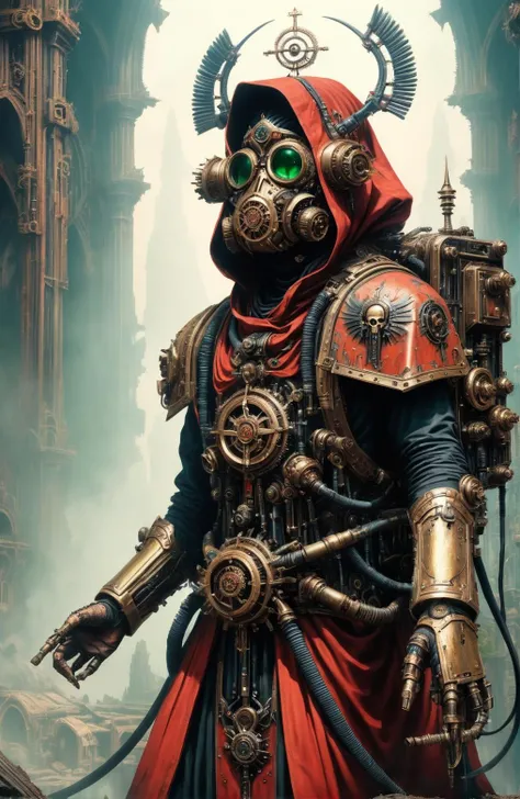 photo of Exquisite vishnu as techno-cultist in techno gothic temple, washed up red flowing modest ornate hooded techno-priestess dress (made from black circuit board:1.1), (face-covered:1.2) techno-cultist mask, multiple arms, mechanical tentacle arms with claws,, mechanical (green:1.1) eyes, half skull half cog motive, (rust:0.4), dirty red (robes:1.2) with oil stains, asymmetrical, (respirator:1.1), massive (backpack) with arms, gothic , (intricate details:1.12), hdr, (intricate details, hyperdetailed:1.1), by alena aenami, by rutkowski, (intricate details), (hyperdetailed), 8k hdr, high detailed, lot of details, high quality, soft cinematic light, factory atmosphere, atmospheric perspective, , shadows, maximum details, 4k, 8k, high quality, highly detailed, <lora:add_detail:0.8> <lora:MechanicusStyleAI:0.8> <lora:xl_more_art-full_v1:0.4> , MechanicusStyleAI