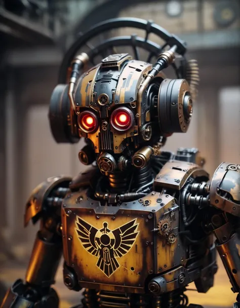 MechanicusStyleAI, A robot with a human face where its chest should be. Its hands are fists. Gritty texture. Cyberpunk inspired.