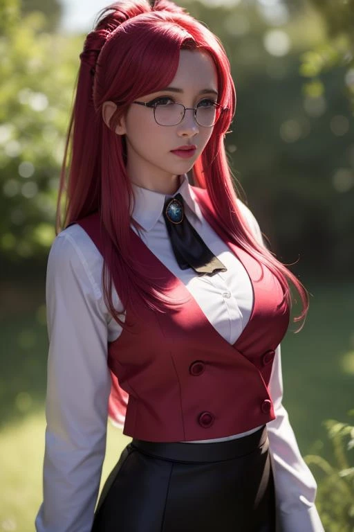 ultra detailed 8k cg, ultra realistic, masterpiece, cinematic lighting, cinematic bloom, professional photography, absurdly long hair, divine goddess, (large breasts), gorgeous female, looking at viewer,
 <lora:KazamiMizuho-10:1> kazamimizuho, 1girl, breasts, purple eyes, red hair, long hair, pink hair, glasses, black ascot, collared shirt, red vest, jewelry, black skirt, outdoors,