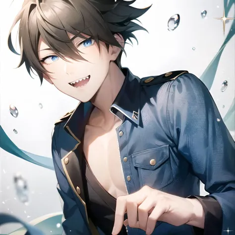 akuno hideo\(side-m\), 23 years old, 1boy, male focus, solo, good young man, looking at viewer, black hair, hair between eyes, blue eyes, open mouth, grin, sharp teeth,  close-up