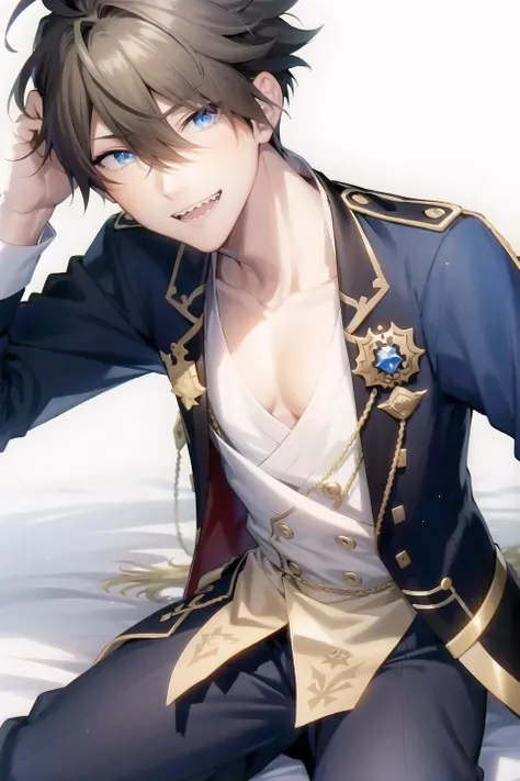akuno hideo\(side-m\), 1boy, male focus, solo, good young man, looking at viewer, black hair, hair between eyes, blue eyes, open mouth, grin, sharp teeth,