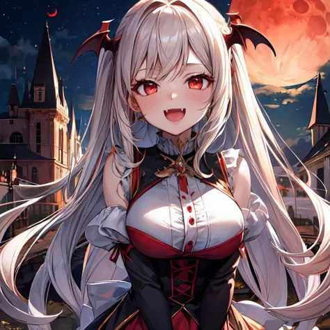 ultra detailed,(masterpiece, best quality), 1girl, best quality,
, 1girl,Vampire girl, Laughing wildly at the sky, (showing fangs:1.2), red moon, night sky, ancient castle in the background,golden hair
<lora:add_detail:0.6> 
 <lora:kabedon_pov:0.8> 1girl and 1boy, kabedon pov